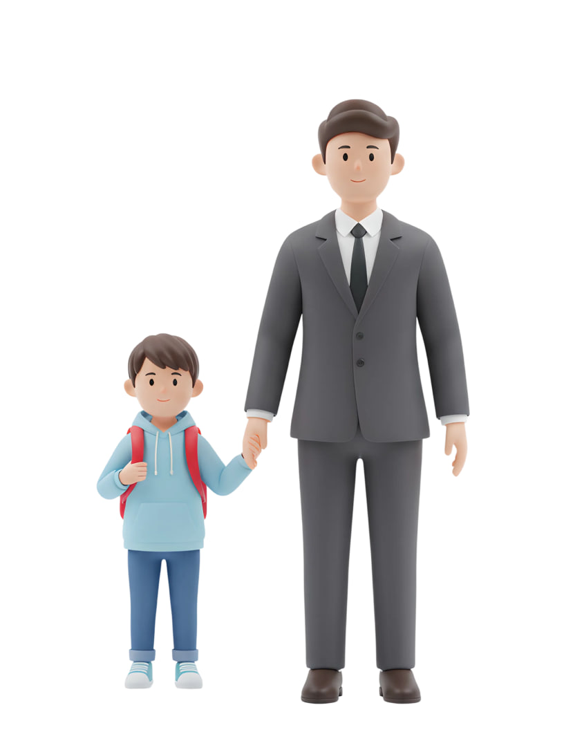 책가방을 멘 아이의 손을 잡은 케어 매니저